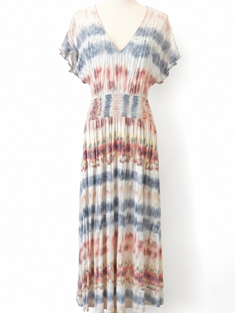 Gypsies & Moondust V-Neck Tie-Dye Maxi Dress in Blue and Red